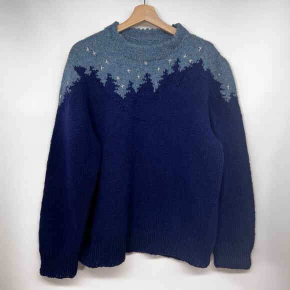 Hand Knit Starry Night Sky Wool Sweater 40/M Blue Skyline Trees Mountains Unisex - Picture 1 of 7